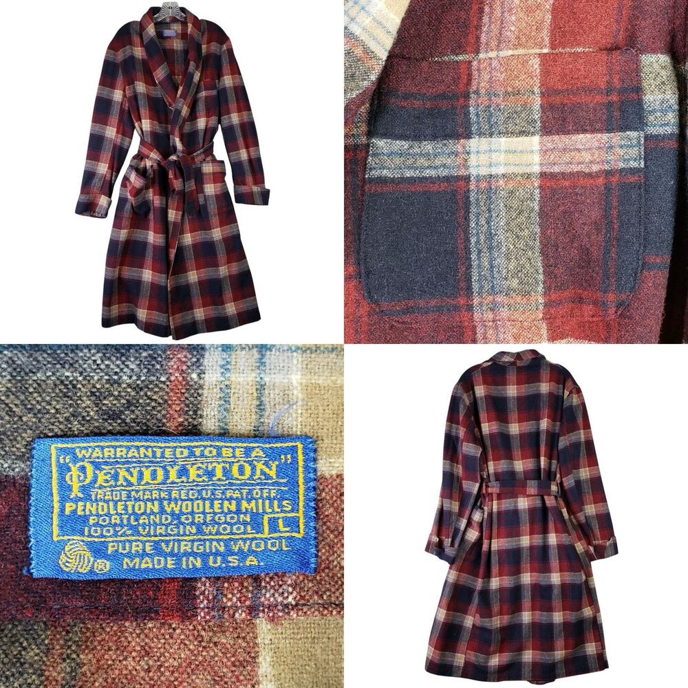 Vintage PENDLETON Men’s Wool Plaid Bathrobe Belted Robe Size LARGE